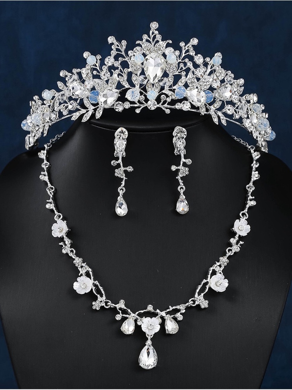 Silver Floral Crystal Necklace and Tiara Set - Clear